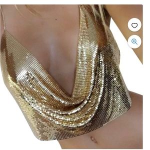 Sele metal chain mail halter draped bra gold, draped collar backless